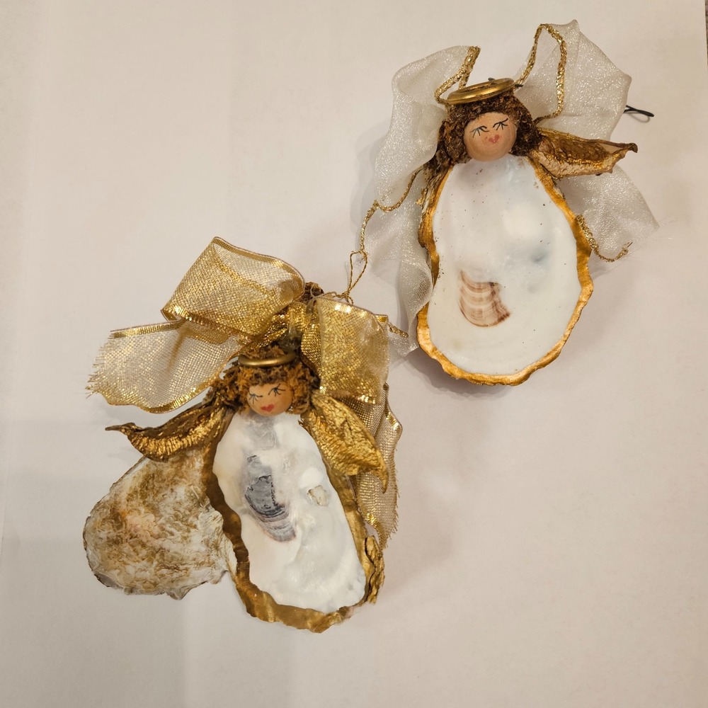 Handmade Oyster Shell Angel Ornaments Set of 2 • 4" Coastal Christmas Decor •‎